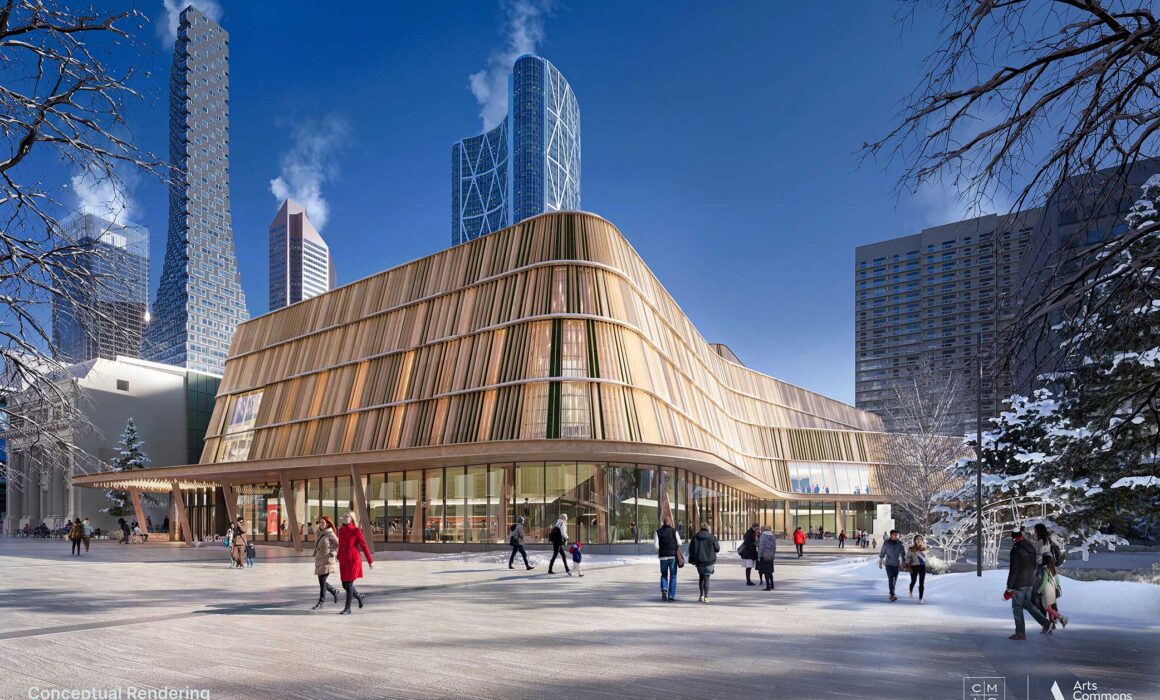 An exterior daytime rendering shows the Arts Commons Transformation three- level, 162,000 sq. ft. expansion building.