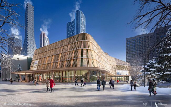 An exterior daytime rendering shows the Arts Commons Transformation three- level, 162,000 sq. ft. expansion building.